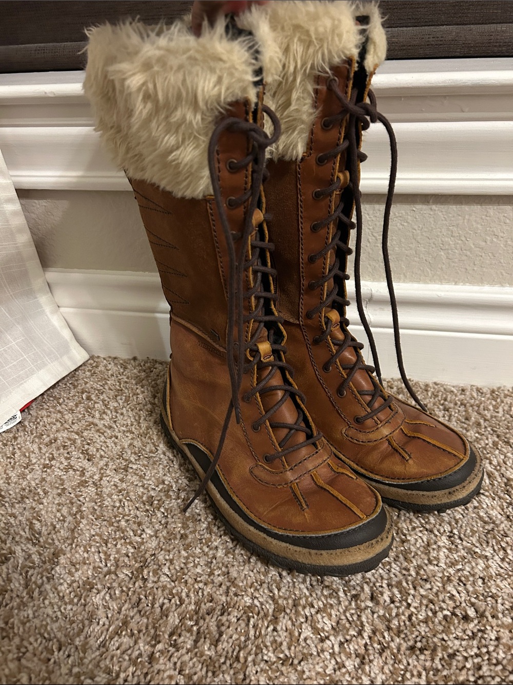Merrell Women's Brown Lace-Up Faux-Fur Cuff Winter Boots